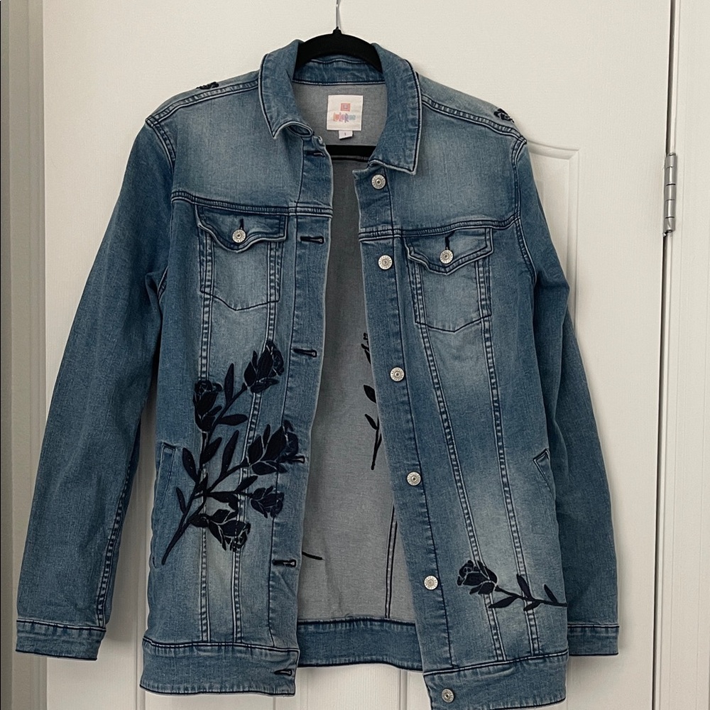 LuLaRoe Light Blue Denim Jacket with Black Floral Embroidery